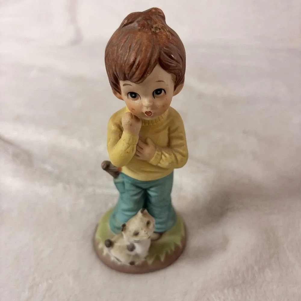 Vintage 80s Porcelain Boy Figurine Slingshot Cat As-Is / Missing Bird on Head